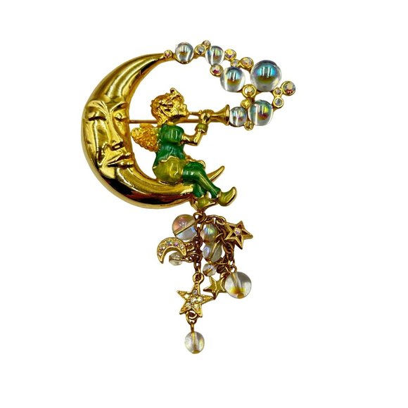 Kirks Folly Pipe Dream Fairy Brooch Moonface Gold Tone Crescent Moon Fairy - Picture 1 of 6